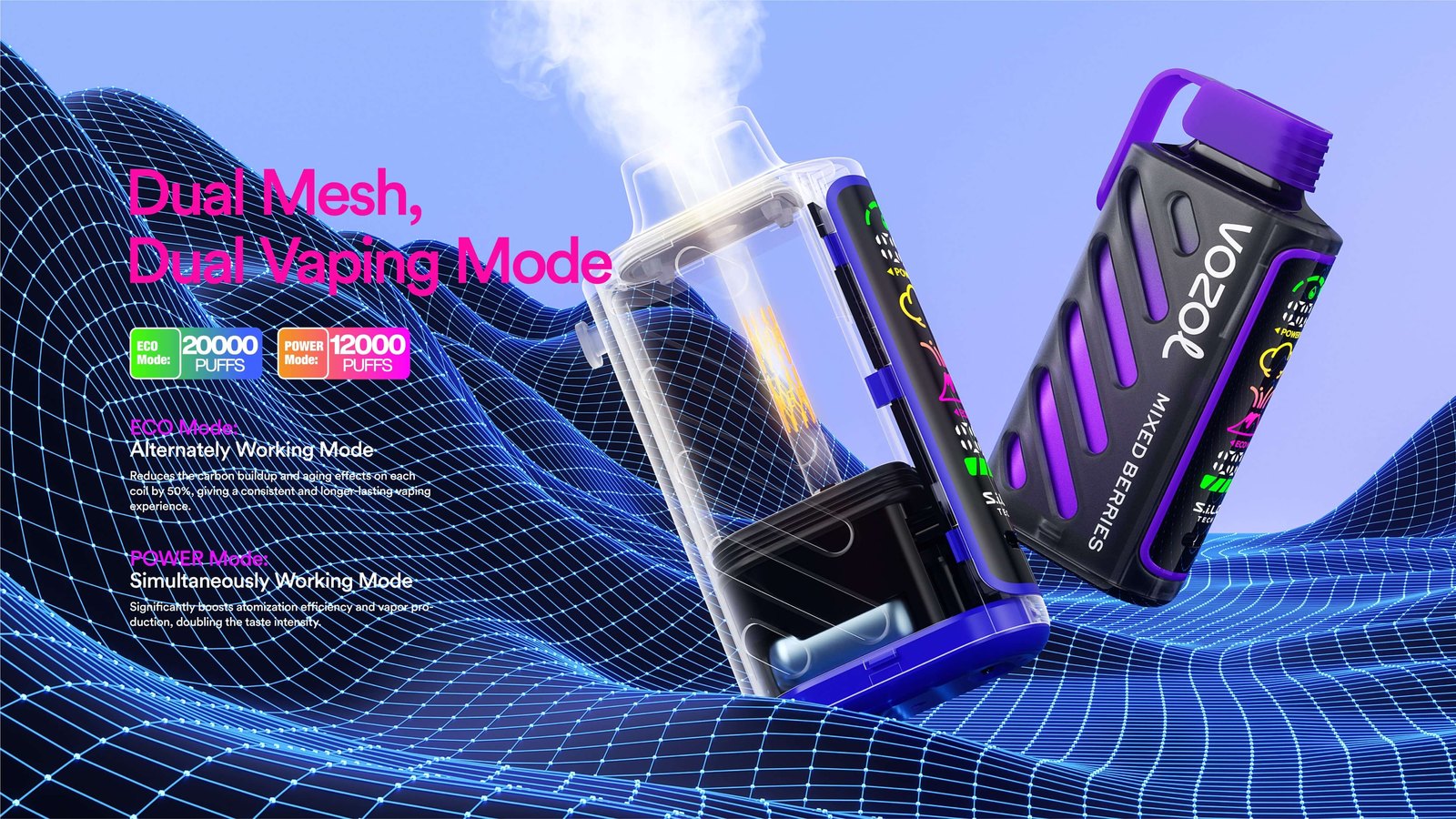 Vozol Gear Power 20000 çift mesh coil, Eco 20.000 / Power 12.000 puf çift mod